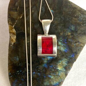 Solid Sterling Silver 925 Sim Red Jasper Pendant Necklace 19.5" Snake Chain
